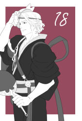  1boy border character_mask fire_emblem fire_emblem_fates fire_emblem_heroes greyscale hand_fan japanese_clothes kimono male_focus mask mask_on_head monochrome official_alternate_costume red_background solo white_border xander_(dancing_knight)_(fire_emblem) xander_(fire_emblem) yomiko_(61549392) 