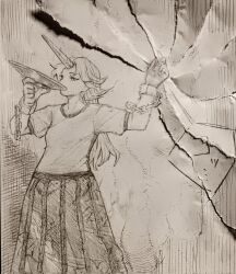  1girl alshie7910 cuffs cup greyscale highres holding holding_cup horns hoshiguma_yuugi long_hair monochrome sakazuki shackles shirt single_horn skirt solo torn_paper touhou traditional_media 
