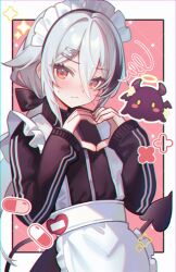  1girl apron black_horns black_jacket black_ribbon black_streaks black_wings border chibi closed_mouth demon_tail dot_nose frilled_apron frills ghost hair_between_eyes hair_ornament hair_ribbon hairclip halo hands_up heart heart_hands heart_ornament highres horns jacket jersey_maid light_blush long_sleeves looking_at_viewer maid maid_apron maid_headdress medium_hair multicolored_hair original pill_print pink_background ribbon sidelocks simple_background solo standing streaked_hair sundi3d tail track_jacket unconventional_maid upper_body vertical-striped_sleeves white_border white_hair wings yellow_halo 