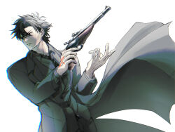  1boy black_coat black_eyes black_hair coat command_spell commentary_request emiya_kiritsugu fate/zero fate_(series) gun highres holding holding_gun holding_weapon male_focus necktie shirt simple_background tengusa_(question612) vest weapon white_background 