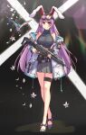  1girl absurdres alternate_costume animal_ears assault_rifle bird black_background black_footwear breasts crossed_legs diving_penguin goggles goggles_on_head gun high_heels highres holding holding_gun holding_weapon id_card jacket large_breasts light_purple_hair navel petals pleated_skirt purple_hair rabbit_ears rabbit_girl rabbit_tail red_eyes reisen_udongein_inaba rifle shirt sig_sauer sight skirt sleeveless sleeveless_shirt tail touhou turtleneck weapon white_jacket 