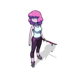  1girl adventure_time blood breasts colored_skin discount-supervillain full_body holding holding_sword holding_weapon leggings medium_hair no_mouth no_nose pink_hair pink_skin princess_bonnibel_bubblegum shirt shoes sneakers solo sword tank_top toon_(style) weapon 