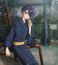  1boy 5g5kcal absurdres blonde_streaks blue_kimono blush closed_mouth drink drinking ensemble_stars! hair_over_one_eye hand_on_railing highres holding holding_drink japanese_clothes kimono long_sleeves looking_at_viewer male_focus multicolored_hair obi on_railing one_eye_covered outdoors playground purple_hair railing sash sengoku_shinobu short_hair smile solo streaked_hair swing translation_request tupet yellow_eyes yukata 