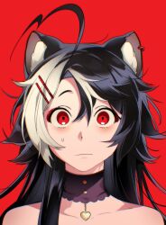  absurdres ahoge animal_ear_piercing animal_ears bare_shoulders black_hair blank_stare choker hair_between_eyes hair_ornament hairclip heart heart_ahoge highres huge_ahoge indie_virtual_youtuber lace lace_choker long_hair looking_at_viewer momote momote_(vtuber) multicolored_hair red_background red_eyes skunk_ears skunk_girl sweat two-tone_hair virtual_youtuber white_hair 