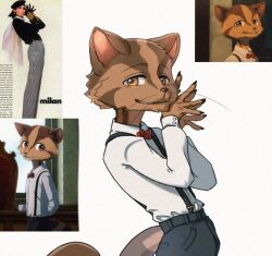  1boy animal_ears beastars bow bowtie cat_ears cat_tail civet_boy claws deshico_(beastars) english_commentary furry furry_male grey_pants looking_at_viewer male_focus pants photo_inset red_bow red_bowtie reference_inset shirt smile suspenders tail whiskers white_background white_shirt wlf31455254 