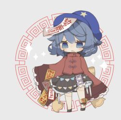  1girl black_skirt blue_eyes blue_hair blue_hat commentary dated fang frilled_skirt frills full_body grey_background hat long_sleeves meandros miyako_yoshika ofuda ofuda_on_clothes ofuda_on_head open_mouth red_shirt shirt short_hair signature skirt sleeves_past_fingers sleeves_past_wrists solo standing touhou wide_sleeves yaco_(nuitnotte) 