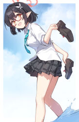  1girl aqua_necktie ayane_(blue_archive) black_hair black_shoes black_skirt blue_archive blue_sky border braid breasts butterfly_hair_ornament clouds collared_shirt commentary_request crown_braid day double-parted_bangs feet_out_of_frame from_side glasses hair_ornament halo highres holding holding_shoes holding_unworn_clothes loafers miniskirt miya_kazutomo necktie open_mouth outdoors outside_border plaid_clothes plaid_skirt pointy_ears red-framed_eyewear red_halo school_uniform shirt shoes short_hair skirt sky smile solo splashing three-quarter_sleeves unworn_shoes wading water white_border white_shirt wing_collar yellow_eyes 