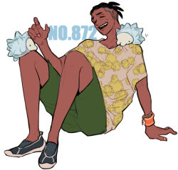  1boy arm_up black_hair chuu_ni closed_eyes collarbone commentary_request crew_neck dark-skinned_male dark_skin green_shorts male_focus medium_sideburns on_shoulder open_mouth pokemon pokemon_(creature) pokemon_on_shoulder pokemon_sword_and_shield print_shirt raihan_(pokemon) shirt shoes short_hair short_sleeves shorts sideburns smile snom solo spiky_hair teeth undercut upper_teeth_only white_background wristband 