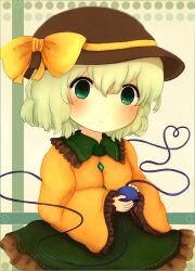  1girl azuma_meri blouse bow chibi eyeball frills green_eyes green_hair hat hat_bow heart heart_of_string holding komeiji_koishi light_smile long_sleeves looking_at_viewer polka_dot polka_dot_background revision shirt skirt solo striped_background third_eye touhou wide_sleeves 