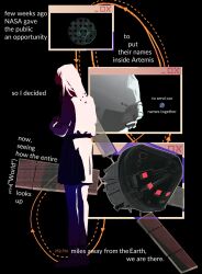  1girl artemis_ii artist_self-insert astronaut english_text from_behind full_body highres long_hair moon real_life shirt_tucked_in sidelighting skirt skirtsan solo space spacecraft standing window_(computing) 