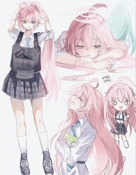  1girl belt blue_archive blue_necktie bulletproof_vest engmuu_125 gun halo hand_in_own_hair handgun heterochromia high_ponytail highres holding holding_notebook hoshino_(blue_archive) leaning leaning_forward long_hair necktie notebook pink_hair pink_halo ponytail shirt shoes skirt sneakers socks solo weapon white_background white_shirt white_socks 