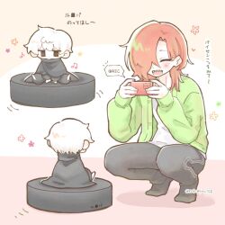  2boys :d between_legs black_pants black_socks blush cardigan cellphone closed_eyes green_cardigan grey_cloak hair_over_one_eye hand_between_legs happy highres holding holding_phone hyoutenka_30-do_no_zetsubou indoors jitome kuchinashi_dabi medium_hair mini_person miniboy mitsudomoe_koubou_(series) mole mole_under_eye multiple_boys multiple_views musical_note nekomiya_168 no_shoes one_eye_covered pants phone recording red_hair robotic_vacuum_cleaner sharp_teeth shirt sitting smartphone smile socks spread_legs squatting teeth tonimura_yui track_pants translation_request white_hair white_shirt 