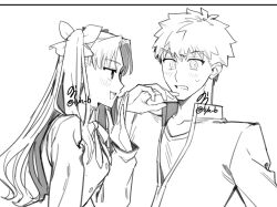  1boy 1girl artist_name blush border bow bowtie breasts buttons collared_shirt cropped_torso emiya_shirou fate/stay_night fate_(series) from_side hair_between_eyes hair_bow half-closed_eyes hand_up highres homurabara_academy_school_uniform jacket long_hair long_sleeves looking_at_another medium_breasts monochrome nora_(lyh_b) open_clothes open_jacket open_mouth parted_bangs puffy_long_sleeves puffy_sleeves school_uniform shirt short_hair simple_background smile spiky_hair sweatdrop t-shirt tohsaka_rin tongue two_side_up v-shaped_eyebrows wavy_hair 
