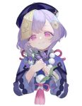  1girl 750x077 absurdres bead_necklace beads chinese_clothes closed_mouth coin coin_hair_ornament cropped_torso flower genshin_impact hair_ornament hat highres holding holding_flower jewelry jiangshi long_sleeves looking_at_viewer necklace ofuda ofuda_on_clothes pink_eyes prayer_beads purple_flower purple_hair qing_guanmao qiqi_(genshin_impact) short_hair simple_background smile solo white_background 