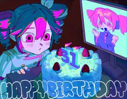  1girl arm_tattoo bare_shoulders birthday birthday_cake black_shirt blowing_candle buttons cake candle character_age collared_shirt commentary desk detached_sleeves drill_hair english_text food fruit grey_jacket hair_between_eyes hair_ribbon happy_birthday headphones highres jacket kasane_teto kasane_teto_(sv) kasane_teto_(utau) looking_at_food monitor number_tattoo open_mouth red_eyes red_hair ribbon ryuzi_27 shirt smile strawberry tattoo twin_drills untranslatable_commentary utau white_ribbon 