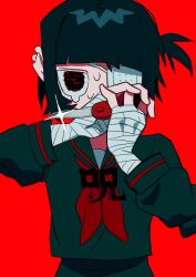  1girl bandaged_hand bandages black_hair black_sailor_collar black_serafuku black_skirt blunt_bangs eyepatch highres holding holding_knife knife looking_at_viewer medical_eyepatch neckerchief one_side_up original red_background red_neckerchief red_trim ryuzi_27 sailor_collar school_uniform serafuku short_hair simple_background skirt solo straight-on sweat tears upper_body 