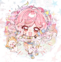  >_< 1girl =_= absurdres ahoge animal arm_ribbon armpits bare_shoulders belt belt_buckle black_ribbon blue_belt blue_boots blue_gloves boots bow bowtie braid brown_eyes buckle cat cheering chibi chinese_clothes cloak clothed_animal commentary_request crown_braid dress ear_covers elbow_gloves explosion feather_hair_ornament feathers fingerless_gloves floating_hair frilled_gloves frills gloves glowstick hair_intakes hair_ornament happy headset heart highres holding holding_glowstick hood hood_up hooded_cloak idol infinity_nikki kneehighs lace-up_boots layered_dress light_blush long_hair looking_at_viewer merchandise_available momo_(nikki) nikki_(nikki) nikki_(series) notice_lines open_mouth orange_bow orange_bowtie outstretched_arms penlight_(glowstick) pink_hair plaid_clothes plaid_dress ribbon sample_watermark short_dress shui_qing_qian_yun_lingling sleeveless sleeveless_dress smile socks star_(symbol) star_symbol_background starry_nocturne_(infinity_nikki) striped_bow striped_bowtie striped_clothes tareme too_many_watermarks traditional_bowtie v-shaped_eyebrows watermark wavy_hair whiskers white_background white_cat x_navel yellow_bow yellow_bowtie yellow_cloak yellow_dress yellow_socks 