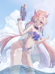  1girl bikini blush bow clouds cloudy_sky genshin_impact highres holding holding_water_gun hry2501 long_hair looking_at_viewer navel one_eye_closed open_mouth pink_hair sangonomiya_kokomi sky solo swimsuit water water_gun 