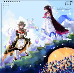  2girls absurdres bonnet columbina_(genshin_impact) genshin_impact hair_ornament headdress highres mihoyo multiple_girls sandrone_(genshin_impact) sky stairs white_headdress white_wings wing_hair_ornament wings yuri zahauku 