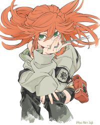  1girl 9st_3nomushi absurdres arm_rest belt_pouch black_leg_warmers closed_mouth elbow_on_knee elbow_rest flipped_bangs gachiakuta green_eyes grey_jacket hand_on_own_cheek hand_on_own_face hand_on_own_knee head_on_hand head_rest highres holding holding_scissors jacket leg_warmers long_hair long_sleeves looking_at_viewer pouch red_hair riyo_reaper scissors shorts simple_background sitting solo strapless tube_top white_background white_tube_top 
