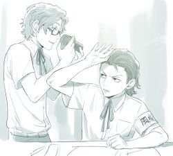  2boys armband belt camera collared_shirt commentary_request dress_shirt gekkoukan_high_school_uniform glasses hiraga_keisuke holding holding_camera isa_(peien516) male_focus multiple_boys neck_ribbon odagiri_hidetoshi pants persona persona_3 rectangular_eyewear ribbon school_uniform semi-rimless_eyewear shirt shirt_tucked_in short_hair short_sleeves sitting standing under-rim_eyewear 
