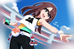  1girl aqua_gloves becca_(pokemon) belt black-framed_eyewear black_pants blue_sky blurry blurry_background bracelet brown_eyes brown_hair clenched_hand clouds commentary day english_commentary fanny_pack fingerless_gloves glasses gloves highres jewelry long_hair open_mouth outstretched_arm pants pointing poke_ball poke_ball_(basic) poke_ball_theme pokemon pokemon_champions semi-rimless_eyewear shirt signature single_fingerless_glove sky smile solo stadium su1zide teeth upper_teeth_only waist_poke_ball white_belt white_shirt 