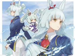  1girl animal_ears ascot black_vest blazer blue_jacket blue_pants blue_sky bob_cut braid brooch chibi closed_mouth clouds cloudy_sky commentary crown_braid day dress_shirt ear_ribbon from_behind fujimasa_march_(umamusume) green_hair half_updo horse_ears horse_girl horse_tail jacket jewelry kasamatsu_tracen_training_uniform long_hair long_sleeves looking_at_viewer looking_back multiple_views osaya3333 outdoors pants red_ascot shirt short_hair sky smile standing tail track_jacket track_pants umamusume umamusume:_cinderella_gray vest white_pants white_shirt wing_collar yellow_eyes 