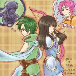  1boy 1girl 2boys 2girls artist_name astrid_(fire_emblem) back-to-back black_hair closed_eyes dated fire_emblem fire_emblem:_path_of_radiance fire_emblem:_radiant_dawn long_hair makalov_(fire_emblem) micaiah_(fire_emblem) multiple_boys multiple_girls pink_hair protected_link smile sothe_(fire_emblem) speech_bubble te1nachi thought_bubble 