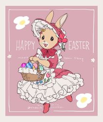  1girl :3 :d accurate_lolita_coord animal_ears apron artist_name back_bow basket black_eyes bonnet border bow classic_lolita commentary_request copyright_name dress easter easter_egg egg english_text floral_print flower frilled_dress frills full_body furry furry_female hair_flower hair_ornament happy_easter highres holding holding_basket lolita_fashion maple_town patty_rabbit petticoat pink_background pink_bonnet pink_bow pink_dress pink_flower pink_shoes rabbit_ears rabbit_girl shoes simple_background smile solo standing standing_on_one_leg u-min white_apron white_border white_bow 