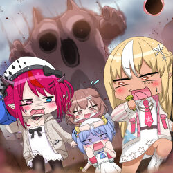  animal_ears beret black_horns blonde_hair blue_hair brown_eyes brown_hair chibi commentary_request dog_ears dog_girl dress hat highres hiro_(phese) hololive hololive_english horns inugami_korone inugami_korone_(1st_costume) irys_(casualrys)_(hololive) irys_(hololive) jacket looking_at_viewer multicolored_hair necktie official_alternate_costume open_mouth pointy_ears red_necktie shiranui_flare shiranui_flare_(hoodie) shirt skirt streaked_hair usada_pekora usada_pekora_(casual) virtual_youtuber white_dress white_hat white_jacket white_shirt white_skirt white_streaks 