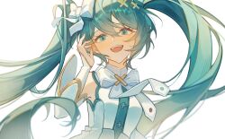  1girl aqua_eyes aqua_hair aqua_nails aqua_shirt blush bow commentary_request detached_sleeves dress hair_between_eyes hair_bow hair_ornament hand_on_own_chest hatsune_miku highres hiramado_miku ice_(ice009) kowareta_sekai_to_utaenai_miku long_hair long_sleeves looking_at_viewer official_alternate_costume official_alternate_hairstyle open_mouth project_sekai shirt simple_background skirt sleeveless sleeveless_dress smile solo spoilers twintails upper_body very_long_hair vocaloid white_background white_bow x_hair_ornament 