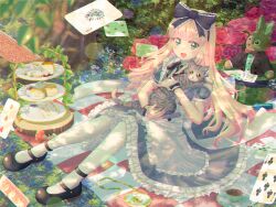  1girl alice's_adventures_in_wonderland alice_(alice_in_wonderland) animal aqua_eyes black_ribbon black_shoes blonde_hair blue_dress card cat dress flower food full_body grey_cat hair_ribbon higenekopic highres holding holding_animal holding_cat long_hair open_mouth pantyhose playing_card puffy_short_sleeves puffy_sleeves red_flower red_rose ribbon rose shoes short_sleeves sitting smile solo tea_party teeth tree upper_teeth_only white_pantyhose 