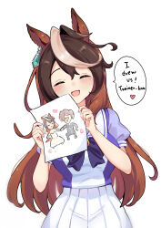  1girl absurdres animal_ears black_jacket black_pants blush bow bowtie breasts bridal_veil bride brown_hair closed_eyes commentary couple drawing_(object) dress earrings english_commentary groom hair_between_eyes heart highres holding holding_paper horse_ears horse_girl horse_tail jacket jewelry long_hair medium_breasts multicolored_hair necktie open_mouth pants paper pleated_skirt puffy_short_sleeves puffy_sleeves purple_bow purple_bowtie purple_shirt sailor_collar sailor_shirt school_uniform shirt short_sleeves simple_background skirt smile speech_bubble streaked_hair symboli_rudolf_(umamusume) t-head_trainer_(umamusume) tail tracen_school_uniform trainer_(umamusume) ukichan22905846 umamusume veil wedding_dress white_hair white_sailor_collar white_skirt yellow_necktie 