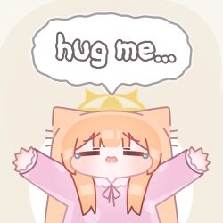  1girl animal_ears blue_archive blunt_bangs blush chibi closed_eyes commentary english_commentary english_text halo highres horuhara long_sleeves mari_(blue_archive) neck_ribbon no_nose open_mouth orange_hair outstretched_arms pajamas pink_pajamas polka_dot polka_dot_pajamas reaching reaching_towards_viewer ribbon simple_background smol_mari_(blue_archive)_(horuhara) solo speech_bubble tearing_up upper_body yellow_halo 