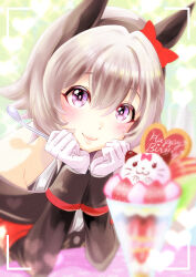  1girl animal_ears bare_shoulders black_dress black_hairband blush bow chiffon closed_mouth coat commentary_request curren_chan_(fille_eclair)_(umamusume) curren_chan_(umamusume) dress ear_bow ear_covers food gloves grey_hair hairband happy_birthday highres holding holding_spoon horse_ears horse_girl long_sleeves looking_at_viewer off-shoulder_coat off-shoulder_jacket off_shoulder parfait red_bow short_hair smile solo spoon umamusume violet_eyes white_gloves 