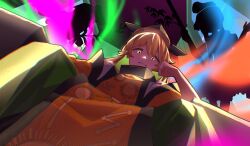  3girls absurdres bamboo beret blonde_hair chromatic_aberration clenched_hand commentary_request dauchimk_1 detached_sleeves dutch_angle feet_out_of_frame frown green_skirt hand_on_own_head hands_up hat highres long_hair looking_at_viewer matara_okina multiple_girls nishida_satono orange_sleeves orange_tabard parted_lips shirt silhouette sitting skirt sun_print tabard tareme teireida_mai touhou white_shirt yellow_eyes 