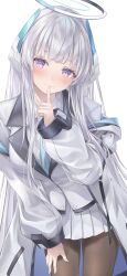  1girl blue_archive blue_necktie closed_mouth collared_shirt commentary halo hand_on_own_thigh headphones highres index_finger_raised jacket long_hair long_sleeves looking_at_viewer mechanical_halo mizuasagi35181 necktie noa_(blue_archive) off_shoulder open_clothes open_jacket portrait school_uniform shirt sidelocks simple_background skirt smile solo suit two-sided_fabric two-sided_jacket upper_body very_long_hair violet_eyes white_background white_hair white_halo white_jacket white_shirt white_skirt white_suit 