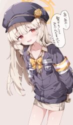  1girl aoba_(blue_archive) blue_archive blue_hat blue_jacket bow bowtie collarbone collared_shirt commentary_request fang gloves grey_gloves grey_shirt grey_skirt halo hat highres jacket leaning_forward long_hair long_sleeves looking_at_viewer miniskirt newsboy_cap open_mouth paid_reward_available peaked_cap red_eyes sabana shirt skin_fang skirt solo speech_bubble translation_request white_hair yellow_bow yellow_bowtie yellow_halo 