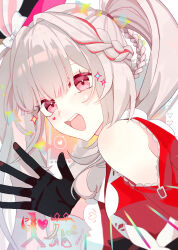  1girl black_gloves black_hat blunt_bangs blush braid clothing_cutout diamond_(shape) diamond_facial_mark facial_mark from_side gloves grey_hair hat hat_ornament heart heart_facial_mark highres honkai:_star_rail honkai_(series) long_hair looking_at_viewer mark_under_both_eyes multicolored_hair open_mouth pink_eyes profile rabbit_hat_ornament red_hair red_sleeves red_streaks shoulder_cutout solo sparkle_(honkai:_star_rail) sparxie_(honkai:_star_rail) spoken_heart spread_fingers streaked_hair teeth twintails upper_body upper_teeth_only user_uyue4752 white_hair 