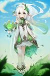  1girl dress female_child genshin_impact gradient_hair grass green_eyes green_hair highres kusanali_(genshin_impact) le0tan long_hair looking_at_viewer multicolored_hair pointy_ears side_ponytail solo standing white_dress white_hair wind 