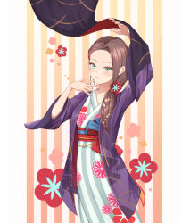  1girl aqua_eyes arm_up bath_yukata black_kimono blush brown_hair commentary_request cowboy_shot eyelashes floral_print floral_print_kimono flower forehead hair_flower hair_ornament hair_slicked_back hand_up heaven_burns_red japanese_clothes kimono layered_kimono long_hair looking_at_viewer low_side_ponytail official_alternate_costume official_alternate_hairstyle ooshima_niina ooshima_niina_(uplifting_springs) open_clothes open_kimono open_mouth outstretched_hand pink_flower print_kimono side_ponytail simple_background smile solo straight_hair striped_clothes striped_kimono vertical-striped_clothes vertical-striped_kimono white_background yukata yumicha 