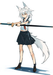  1girl absurdres animal_ears black_socks blouse blue_sailor_collar blue_skirt brown_shoes closed_mouth contemporary full_body highres holding holding_sword holding_weapon inubashiri_momiji kakaricho_dairi katana loafers midriff miniskirt navel pleated_skirt red_eyes sailor_collar school_uniform serafuku sheath sheathed shirt shoes short_sleeves simple_background skirt smile socks solo standing sword tail touhou unsheathing weapon white_background white_hair white_shirt wolf_ears wolf_girl wolf_tail 