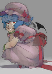  1girl back_bow bat_wings blue_hair bow crying dress drooling grey_background hat highres looking_at_viewer mob_cap pink_dress red_eyes red_ribbon remilia_scarlet ribbon short_hair simple_background sketch tears touhou umezawa_michiko wings 