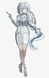  1girl absurdres adjusting_eyewear ahoge ankle_strap belt blue_eyes blue_gloves blue_hair blue_shoes call_of_cthulhu closed_mouth crossed_legs curtained_hair dress earrings fishnet_pantyhose fishnets full_body gloves gradient_hair grey_shirt hair_between_eyes hair_ornament halter_shirt halterneck hands_up high_heels high_ponytail highres holding holding_syringe hoop_earrings jacket jewelry lapels long_hair long_sleeves looking_at_viewer multicolored_hair notched_lapels open_clothes open_jacket orange_lips pantyhose parted_lips pencil_dress ponytail semi-rimless_eyewear shirt shoes silver_dress silver_shirt simple_background snake_hair_ornament solo standing stethoscope syringe ttarou110 two-tone_hair under-rim_eyewear very_long_hair watson_cross white-framed_eyewear white_background white_belt white_dress white_hair white_jacket 