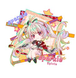  1girl absurdres black_gloves black_hat black_shoes chibi chibi_only clothing_cutout diamond_(shape) diamond_facial_mark english_text facial_mark frilled_skirt frills gloves grey_hair hand_on_own_cheek hand_on_own_face hat heart heart_facial_mark highres honkai:_star_rail honkai_(series) junyi_sylvie long_hair long_sleeves mark_under_both_eyes pink_eyes plaid_clothes plaid_sleeves red_sleeves shoes shoulder_cutout single_glove skirt solo sparkle_(honkai:_star_rail) sparxie_(honkai:_star_rail) star_(symbol) thigh_strap twintails white_hair white_skirt wide_sleeves 