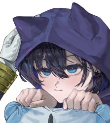  2girls absurdres animal_ear_hood black_hair blue_eyes blue_hair cat_earrings closed_mouth colored_inner_hair earrings gloves headpat highres hololive hololive_english hood hood_up hoodie jewelry kronie_(ouro_kronii) multicolored_hair multiple_girls ouro_kronii ouro_kronii_(4th_costume) purple_hoodie simple_background takopapa virtual_youtuber white_background white_gloves 