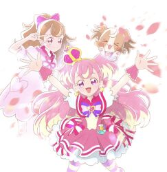  >_< 1girl arched_crown bow brooch brown_hair commentary_request crown crown_earrings cure_wonderful dog dress dress_bow earrings friendly_tact hair_bow hat_ornament heart heart_brooch heart_hat_ornament inukai_komugi inukai_komugi_(dog) jewelry long_hair mini_crown multicolored_pantyhose multiple_views open_mouth outstretched_arms pact_holder pantyhose pink_crown pink_dress pink_hair pink_wrist_cuffs precure smile solo v wonderful_pact wonderful_precure! wonderful_tanaka wrist_cuffs yellow_pantyhose 