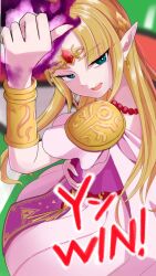  1girl blonde_hair blue_eyes blunt_ends bracelet chitchi_mino circlet commentary_request dress gem green_background highres jewelry loose_hair_strand magic open_mouth pointy_ears princess_zelda red_gem smile solo super_smash_bros. the_legend_of_zelda triforce triforce_print white_dress 