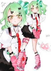  1girl arm_warmers bag bandaid bandaid_hair_ornament black_skirt commentary earrings flying_sweatdrops full_body green_eyes green_hair hair_ornament heart heart_hair_ornament highres jewelry leg_warmers looking_at_viewer motion_lines multiple_hair_clips multiple_views musical_note_earrings necktie own_hands_together parted_lips pink_arm_warmers pink_bag pink_leg_warmers pof_h0 red_necktie shirt simple_background skirt standing striped_arm_warmers sunna_(zenless_zone_zero) untranslatable_commentary v_arms white_background white_shirt white_wings winged_bag wings zenless_zone_zero 