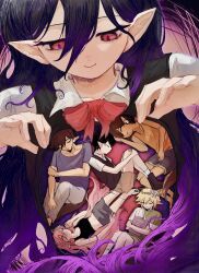  2girls 4boys absurdres alternate_eye_color animal_ear_fluff animal_ears ankle_socks aubrey_(faraway)_(omori) aubrey_(omori) bags_under_eyes bare_arms bare_legs bare_shoulders basil_(faraway)_(omori) basil_(omori) black_hair black_sweater_vest black_tank_top blonde_hair blue_hairband blue_shirt book bow bow_hairband bowtie breasts brother_and_sister brothers brown_hair brown_shorts brown_tail chinese_commentary closed_eyes closed_mouth commentary_request crossed_arms denim denim_shorts dot_nose double-parted_bangs fangs fetal_position film_grain fingernails flower flower_wreath full_body fur-trimmed_shorts fur_trim giant giantess gradient_hair green_shirt grey_pants grey_skirt hair_behind_ear hair_between_eyes hair_spread_out hairband halftone hands_on_own_knees hands_up head_wreath hero_(faraway)_(omori) hero_(omori) highres holding holding_book hugging_object hugging_own_legs inverted_eyelashes jewelry jitome kel_(faraway)_(omori) kel_(omori) kemonomimi_mode laola4869 long_hair looking_down lying mari_(faraway)_(omori) mari_(omori) midriff miniskirt monsterification multicolored_hair multiple_boys multiple_girls navel necklace omori on_back on_side orange_tank_top pants parted_lips pink_background pink_hair pointy_ears purple_hair red_bow red_bowtie red_eyes shirt short_hair short_sleeves shorts siblings simple_background skirt slit_pupils small_breasts smile socks sunny_(omori) sweater_vest t-shirt tail tank_top two-tone_hair u_u upper_body vampire very_long_hair very_short_hair white_flower white_shirt white_socks wolf_boy wolf_ears wolf_tail 